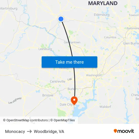 Monocacy to Woodbridge, VA map
