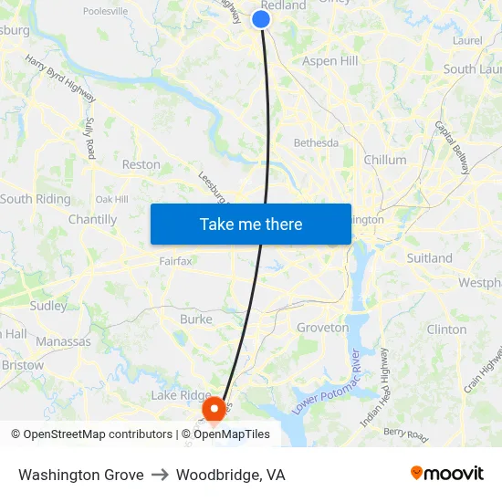 Washington Grove to Woodbridge, VA map