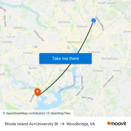 Rhode Island Av+University Bl to Woodbridge, VA map