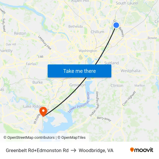 Greenbelt Rd+Edmonston Rd to Woodbridge, VA map