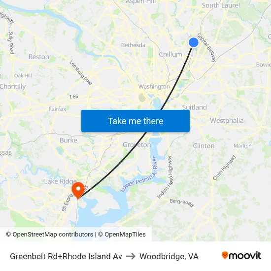 Greenbelt Rd+Rhode Island Av to Woodbridge, VA map