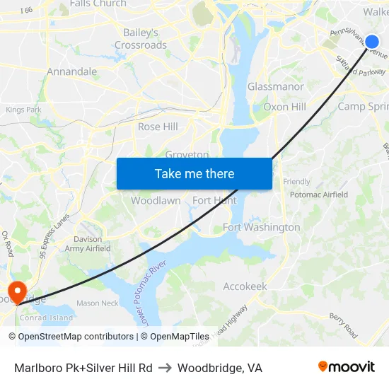 Marlboro Pk+Silver Hill Rd to Woodbridge, VA map
