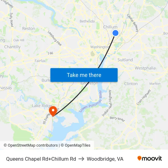 Queens Chapel Rd+Chillum Rd to Woodbridge, VA map