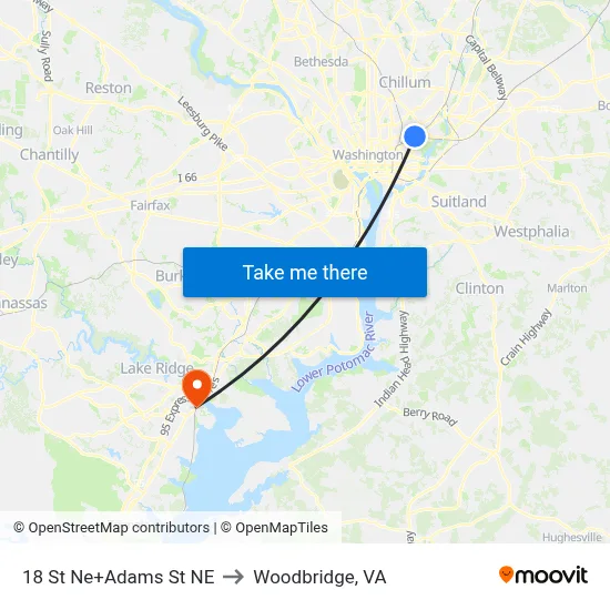 18 St Ne+Adams St NE to Woodbridge, VA map