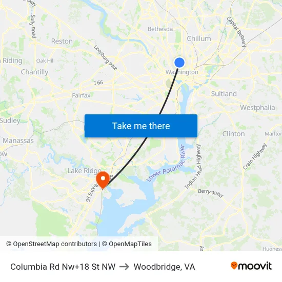 Columbia Rd Nw+18 St NW to Woodbridge, VA map