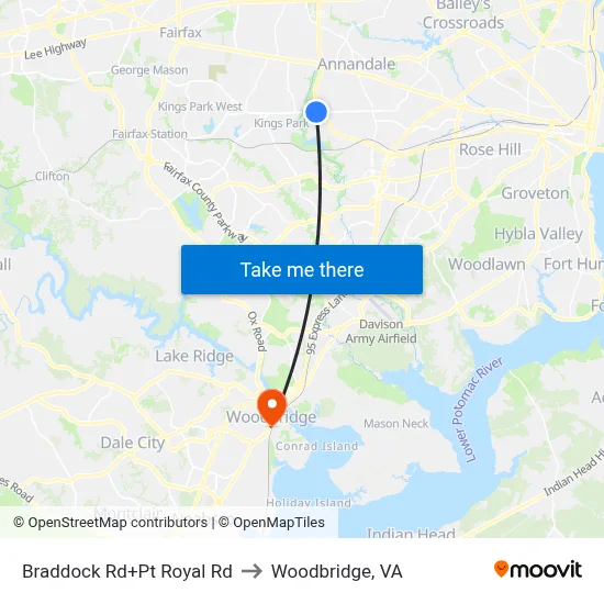 Braddock Rd+Pt Royal Rd to Woodbridge, VA map
