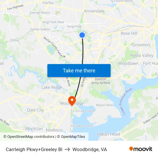 Carrleigh Pkwy+Greeley Bl to Woodbridge, VA map