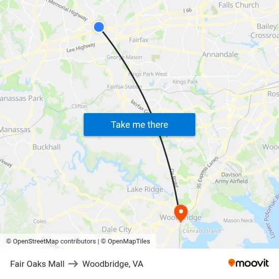 Fair Oaks Mall to Woodbridge, VA map
