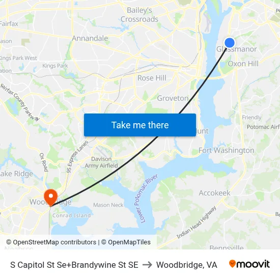 S Capitol St Se+Brandywine St SE to Woodbridge, VA map