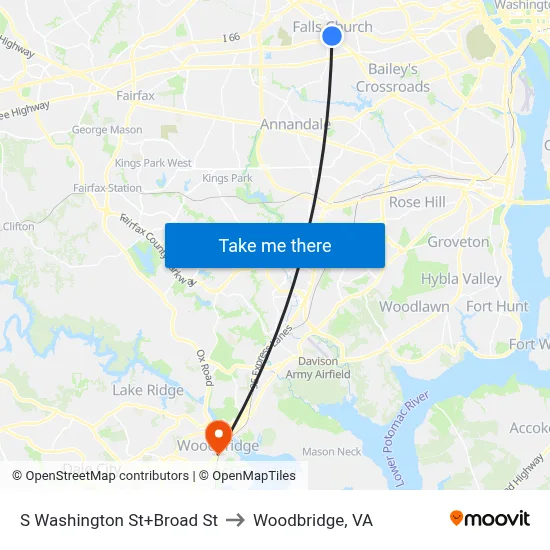S Washington St+Broad St to Woodbridge, VA map