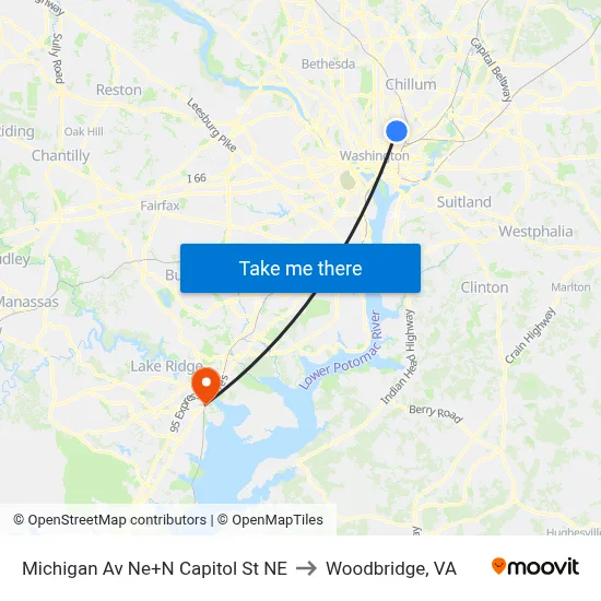 Michigan Av Ne+N Capitol St NE to Woodbridge, VA map