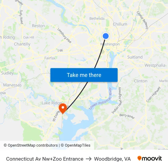Connecticut Av Nw+Zoo Entrance to Woodbridge, VA map