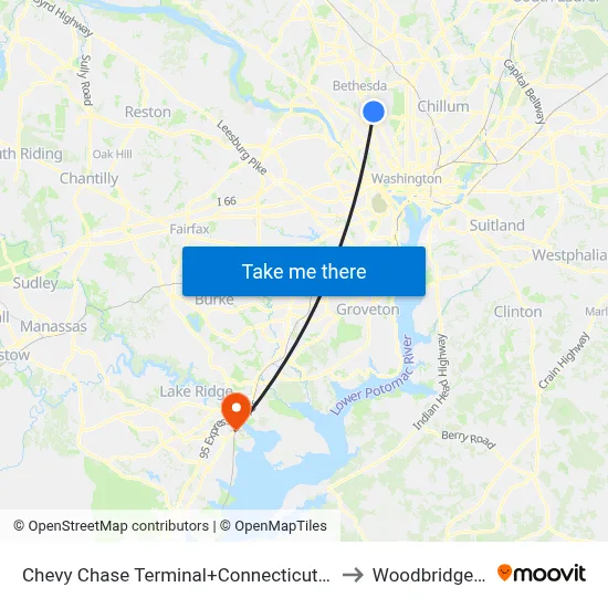 Chevy Chase Terminal+Connecticut Av NW to Woodbridge, VA map