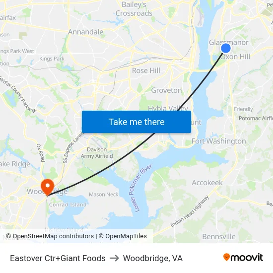 Eastover Ctr+Giant Foods to Woodbridge, VA map