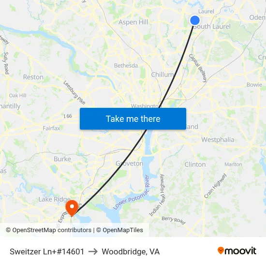 Sweitzer Ln+#14601 to Woodbridge, VA map