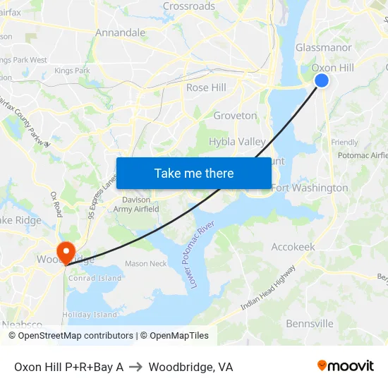 Oxon Hill P+R+Bay A to Woodbridge, VA map