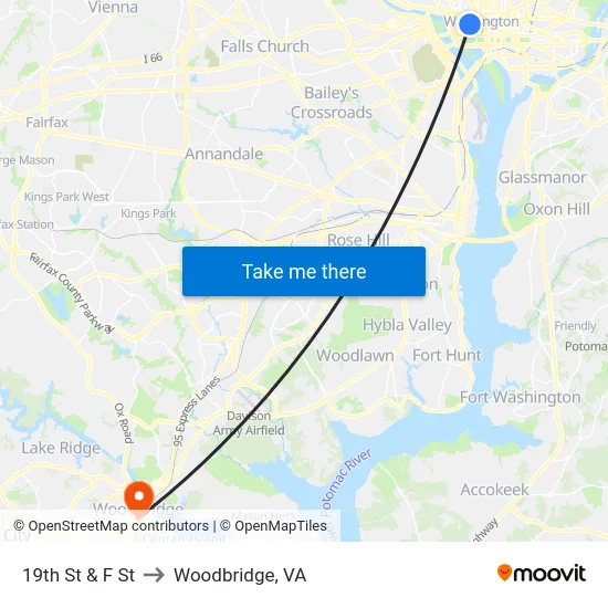 19th St & F St to Woodbridge, VA map