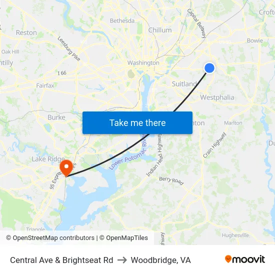 Central Ave & Brightseat Rd to Woodbridge, VA map