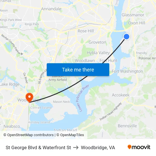 St George Blvd & Waterfront St to Woodbridge, VA map