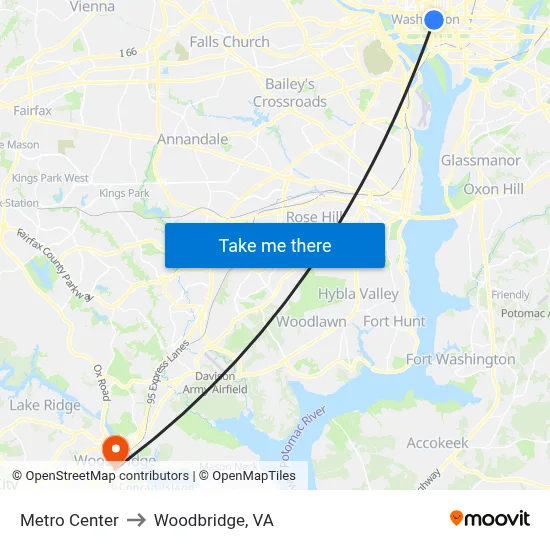 Metro Center to Woodbridge, VA map