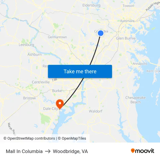 Mall In Columbia to Woodbridge, VA map