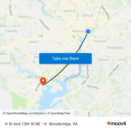 H St And 13th St NE to Woodbridge, VA map