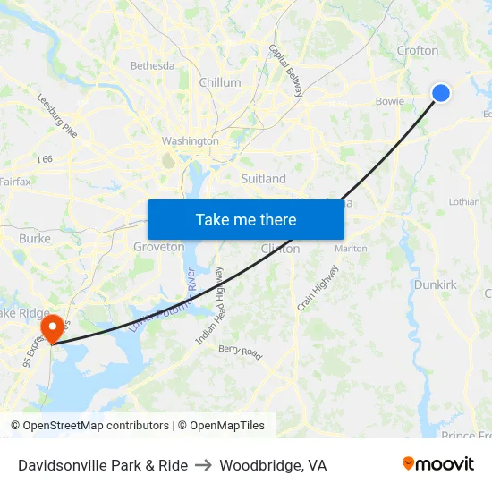 Davidsonville Park & Ride to Woodbridge, VA map