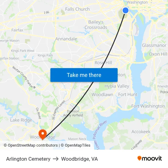 Arlington Cemetery to Woodbridge, VA map