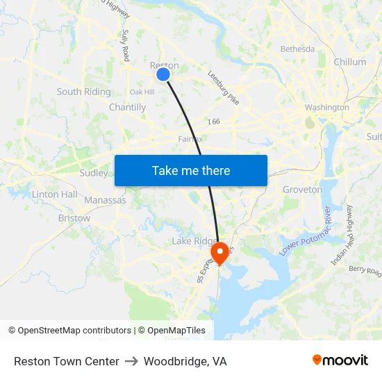 Reston Town Center to Woodbridge, VA map