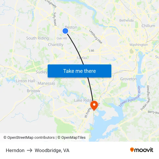Herndon to Woodbridge, VA map