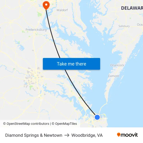 Diamond Springs & Newtown to Woodbridge, VA map