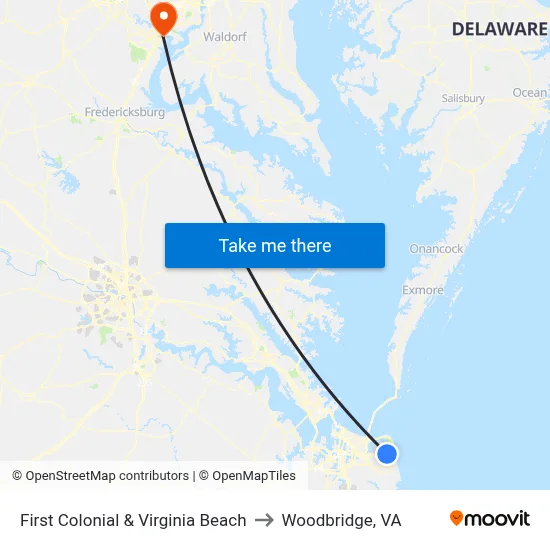 First Colonial & Virginia Beach to Woodbridge, VA map