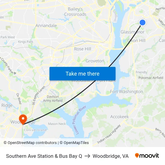 Southern Ave Station & Bus Bay Q to Woodbridge, VA map