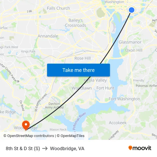 8th St & D St (S) to Woodbridge, VA map