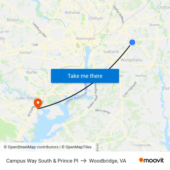Campus Way South & Prince Pl to Woodbridge, VA map