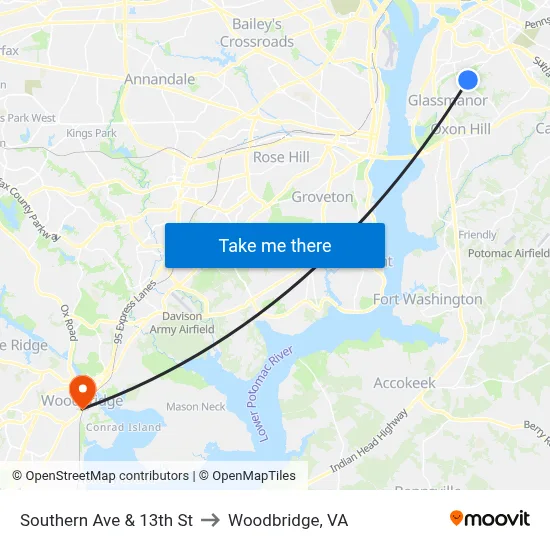 Southern Ave & 13th St to Woodbridge, VA map