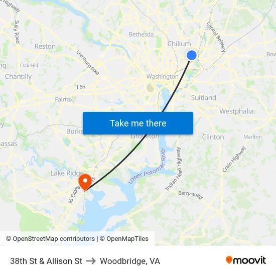 38th St & Allison St to Woodbridge, VA map