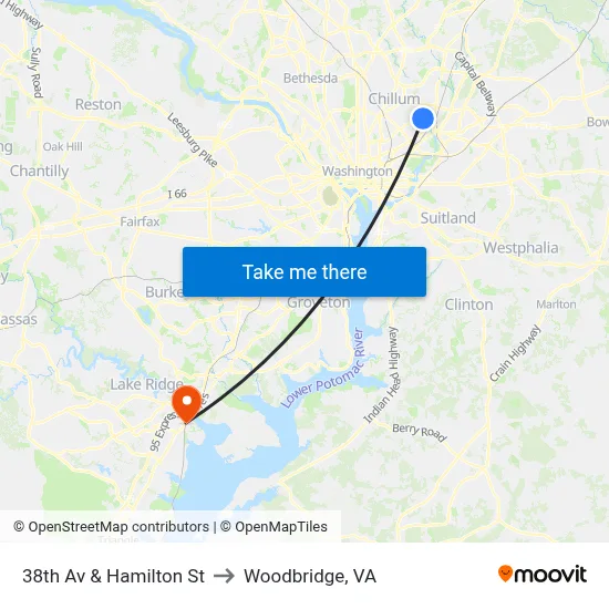 38th Av & Hamilton St to Woodbridge, VA map