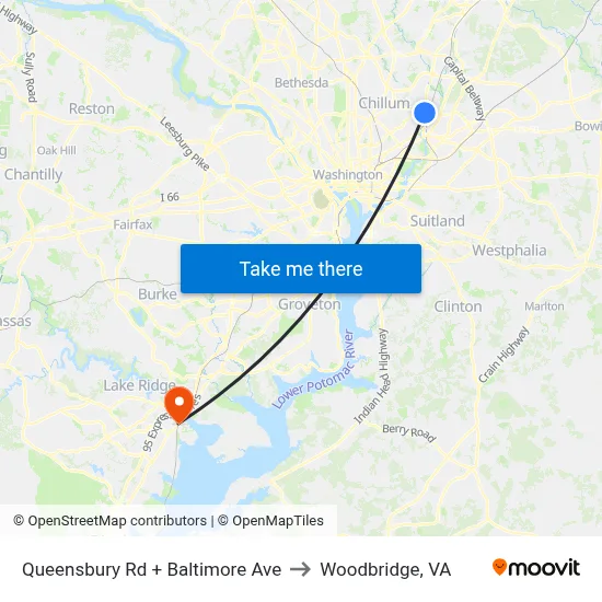 Queensbury Rd + Baltimore Ave to Woodbridge, VA map