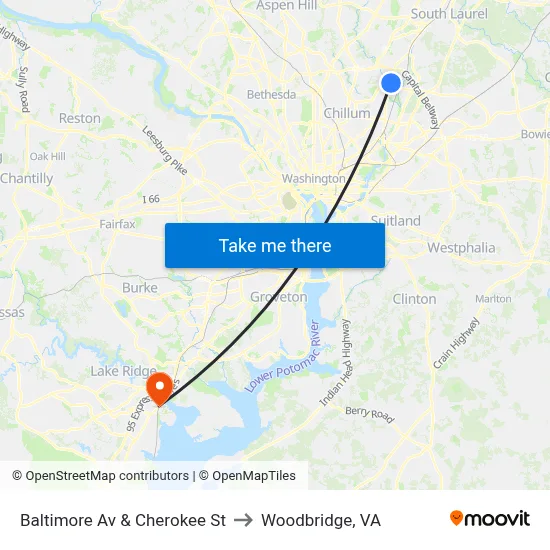 Baltimore Av & Cherokee St to Woodbridge, VA map