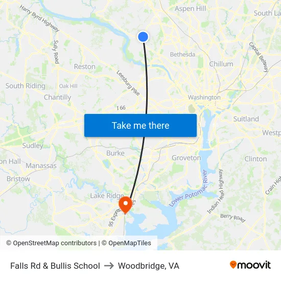 Falls Rd & Bullis School to Woodbridge, VA map
