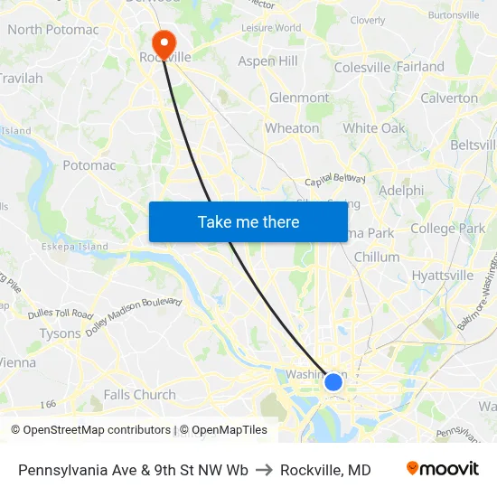 Pennsylvania Ave & 9th St NW Wb to Rockville, MD map