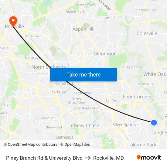 Piney Branch Rd & University Blvd to Rockville, MD map