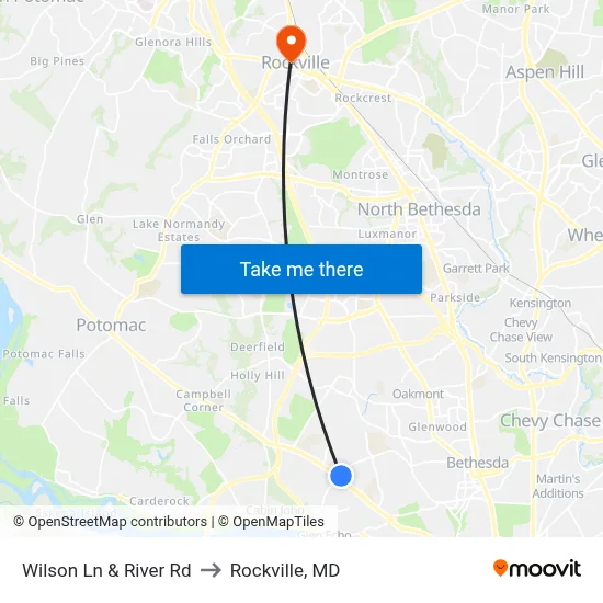Wilson Ln & River Rd to Rockville, MD map
