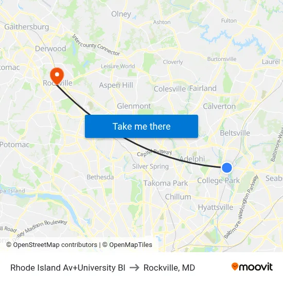 Rhode Island Av+University Bl to Rockville, MD map