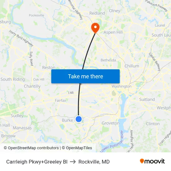 Carrleigh Pkwy+Greeley Bl to Rockville, MD map