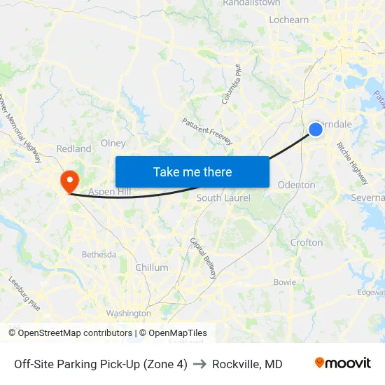 Off-Site Parking Pick-Up (Zone 4) to Rockville, MD map