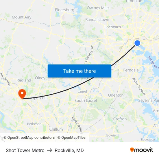 Shot Tower Metro to Rockville, MD map