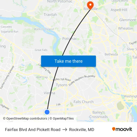 Fairfax Blvd And Pickett Road to Rockville, MD map