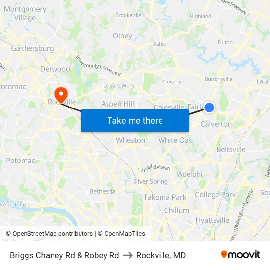 Briggs Chaney Rd & Robey Rd to Rockville, MD map